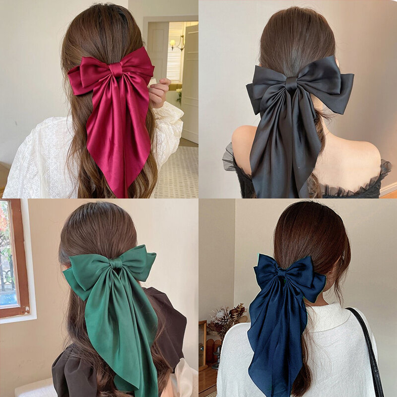 Chiffon Bow Hair Clip Women Large Bowknot Stain Hairpin Barrettes Girls Solid Color Ponytail Clip Hair Accessories Headwear Gift