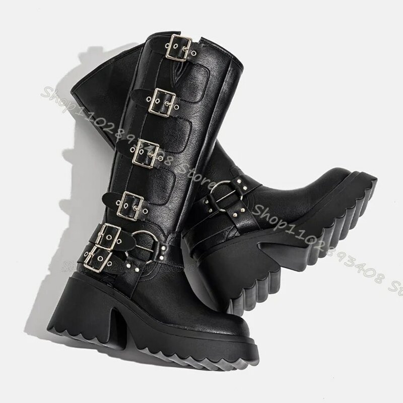 Buckle Metal Ring Decor Combat Boots Slip on Platform Chunky Heels Shoes Punk Style Spring Party Women Boots Zapatos Para Mujere