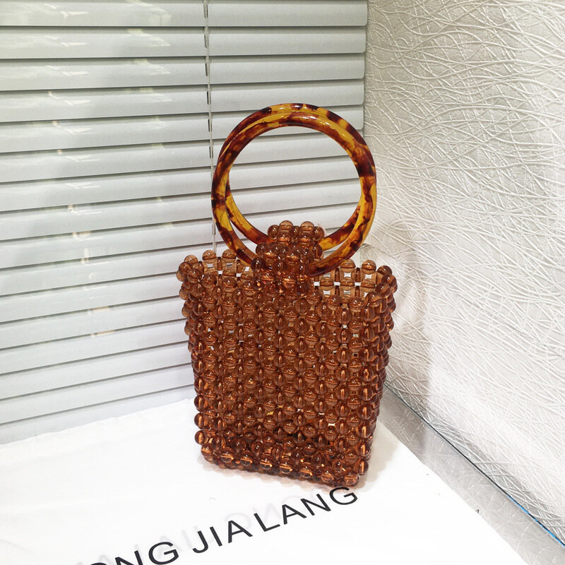 Янтарная Женская сумочка, модная винтажная плетеная Сумка Ins кофейного цвета с бусинами, самодельные летние дамские сумочки с кристаллами на заказ, женская сумка