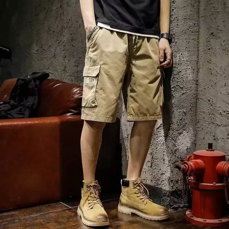 Men's Cargo Shorts Over Knee Solid Elastic Waist Male Short Pants Harajuku Loose Big and Tall Jorts Free Shipping Designer Homme