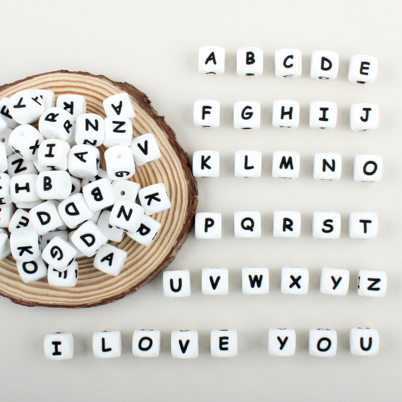 Cuentas de silicona con letras del alfabeto inglés para bebé, mordedor con nombre personalizado, accesorios de Clip para cadena de chupete, 12mm, 50 piezas