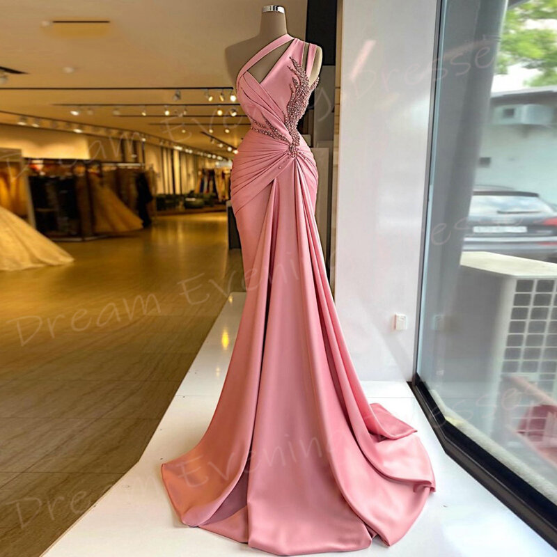 Graceful Pretty Pink Women's Mermaid Modern Evening Dresses Sexy One Shoulder Pearls Prom Gowns Beaded فساتين levenن esaبات Wee
