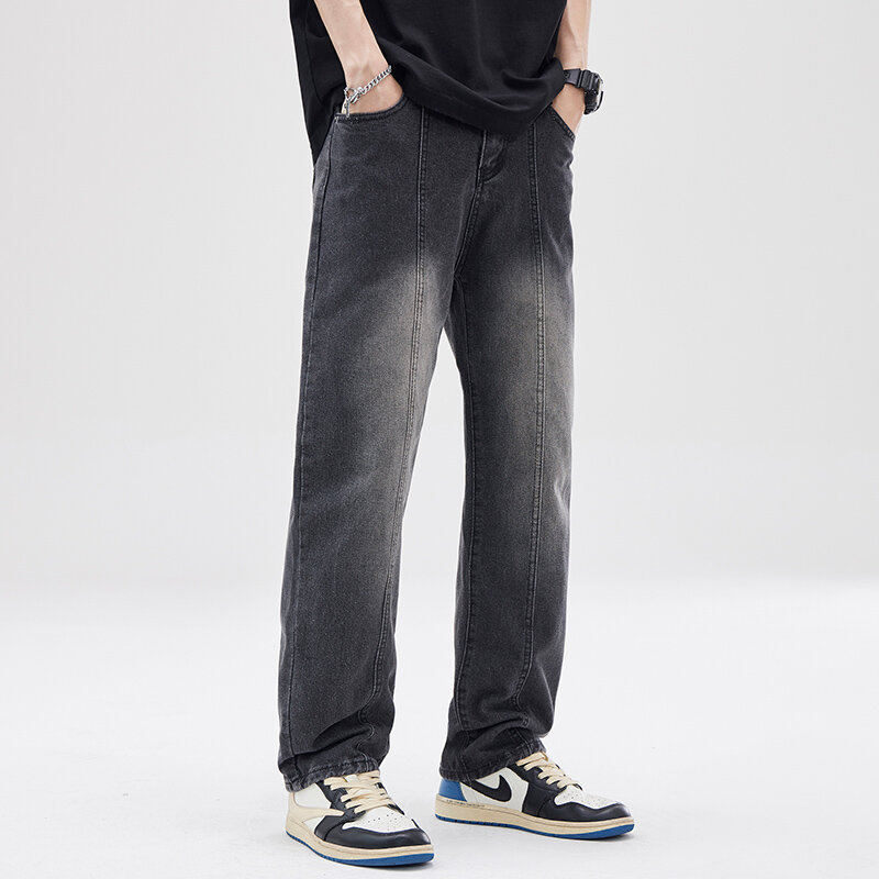Celana panjang lurus longgar pria, bawahan gaya Korea gradien kaki lebar serbaguna, pakaian jalanan 2024