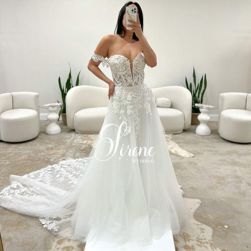 Sirene Simple V Neck Off The Shoulder Wedding Dresses Sexy Sleeveless Tulle Backless Lace Appliques Sweep Train Bride Gown