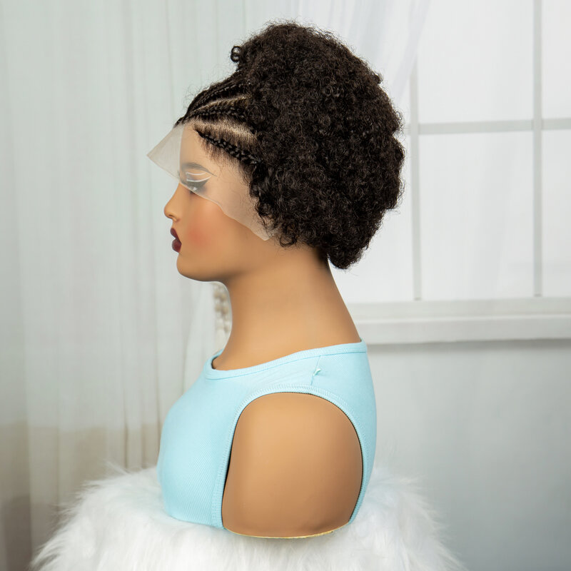 HD Transparente Lace Afro Kinky Curly Cabelo Humano Perucas com Tranças, Curto Bouncy Bob Peruca para Mulheres, 250% Densidade, 13x4, 6"