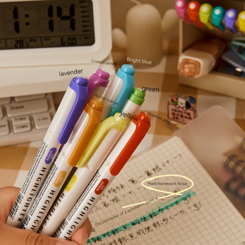 Double Headed Highlighter Pen Set, Marcadores de Desenho Fluorescentes, Marcadores Canetas, Arte, Japonês Bonito Pastel Papelaria, 5 cores por caixa