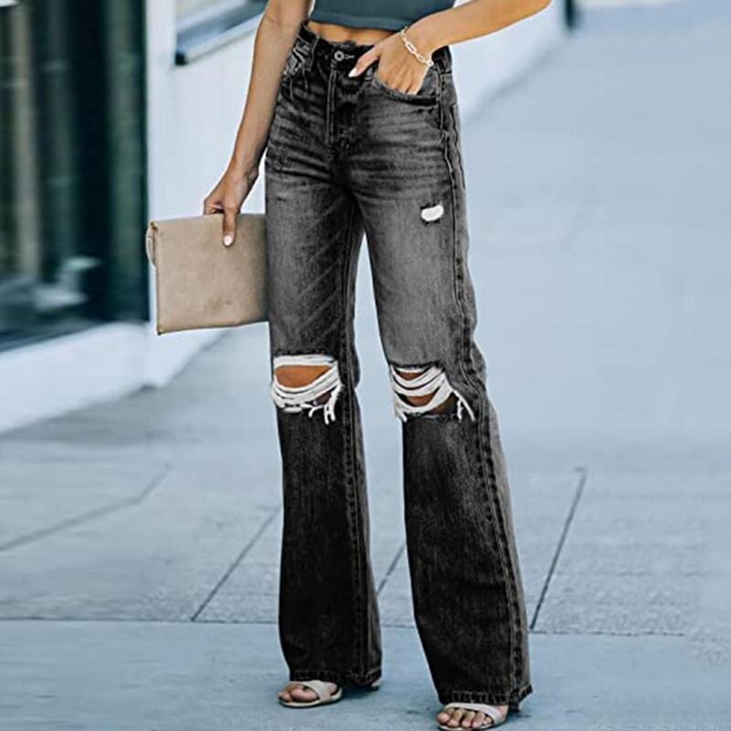 Zipper Fly Jeans Stylish Women's High Waist Wide Leg Denim Pants with Ripped Holes Button Closure Pockets for Commute Dating