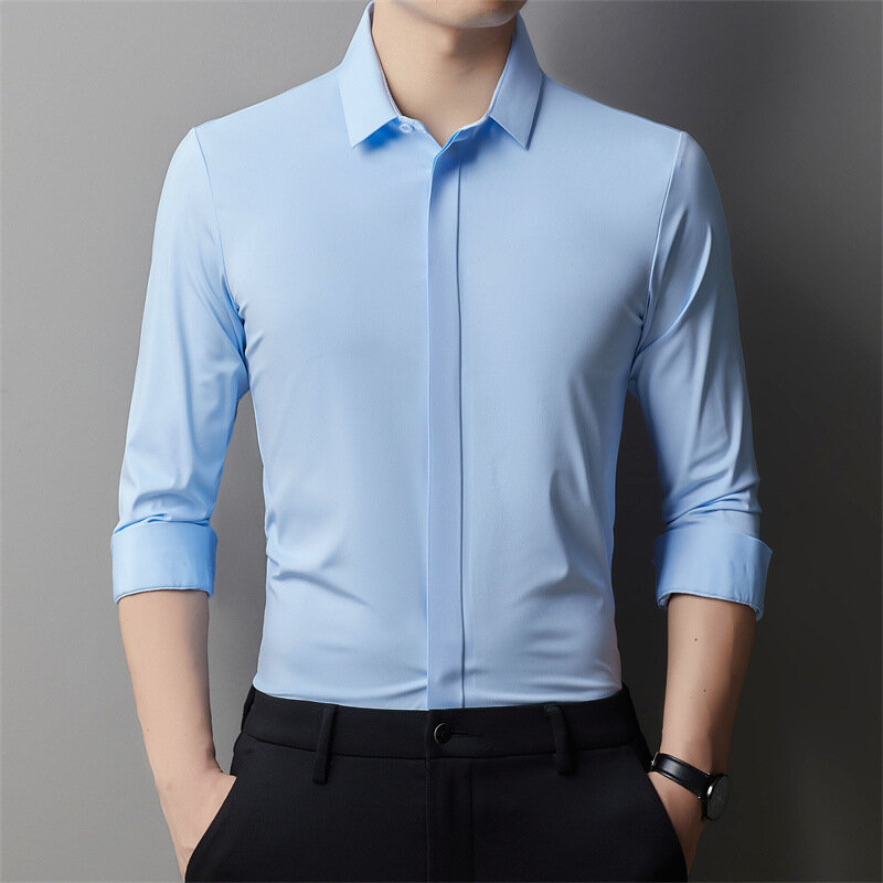 LH040 camisa de manga larga con botones ocultos para hombre, camisa informal de negocios profesional de lujo, ligera, de alta gama, sin hierro