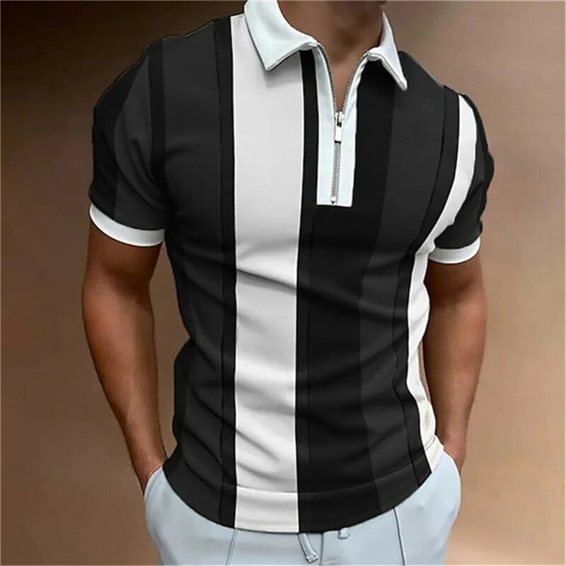 Polo Shirt 2023 untuk pria, atasan harian lengan pendek bergaris Golf pakaian polos kerah lipat ritsleting Tee musim panas