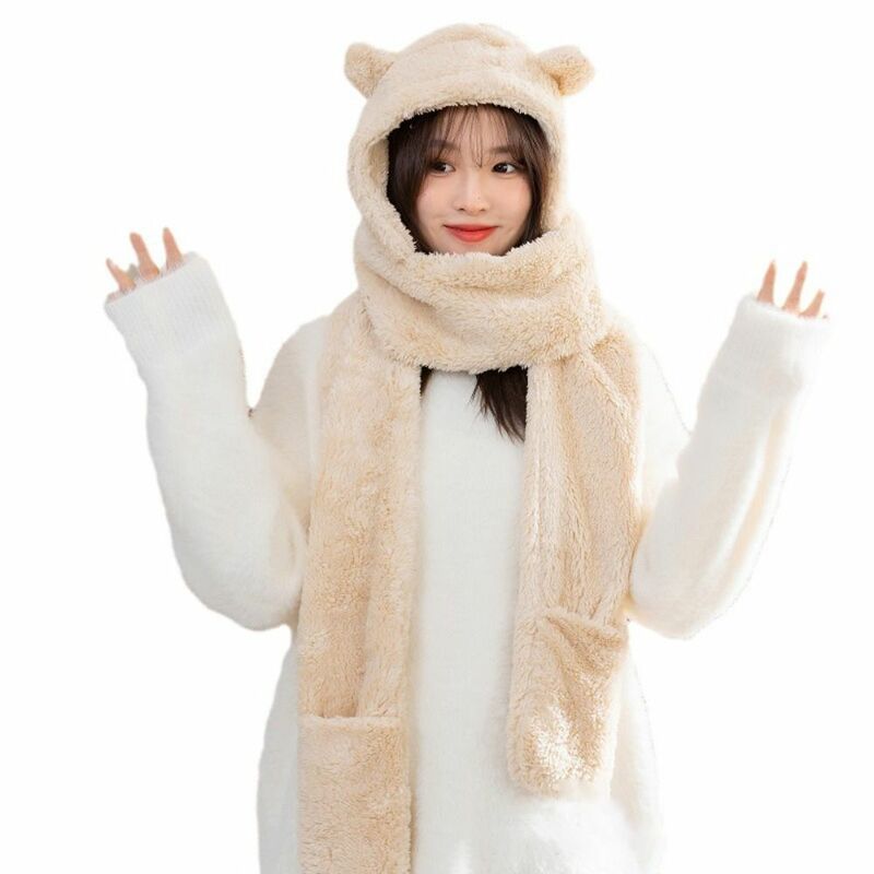 Hat Scarf Gloves One Piece Bear Ear Hat Scarf Soft Fleece Ear Protector 3 in1 Beanies Caps Double Layer Thickened