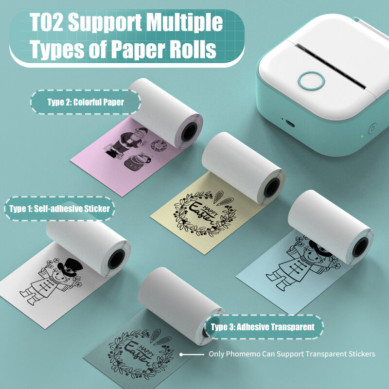 Phomemo-Mini impresora térmica de bolsillo T02, portátil, inalámbrica, autoadhesiva, uso para bricolaje, diario, pegatina, impresora portátil