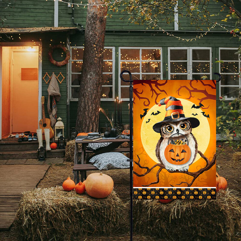 1pc pumpkin lamp bat pattern flag, Halloween double-sided printed garden flag, farm yard decoration, excluding flagpole