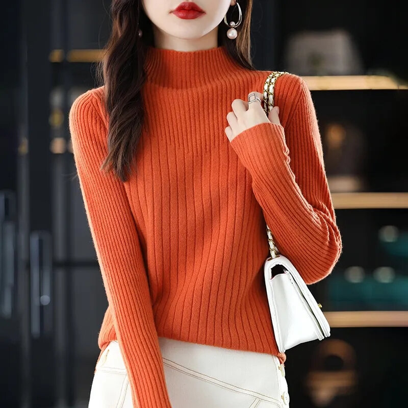 Suéter de gola alta manga comprida feminino, pulôver de tricô, monocromático, top básico, casual, fino, moda coreana, roupa simples