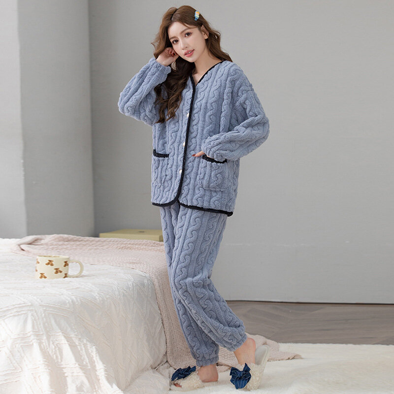 Winter Warme Flanellen Pyjama Set Vrouwen Pyjama Sets Fluwelen Pijama Broek Met Lange Mouwen Schattige Zachte Loungewear Vrouwen Losse Homewear