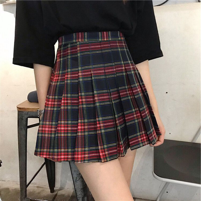 Mini-saia plissada de cintura alta feminina, xadrez em linha A, curto, zíper invisível, forro antirreflexo, moda Harajuku, Y2K