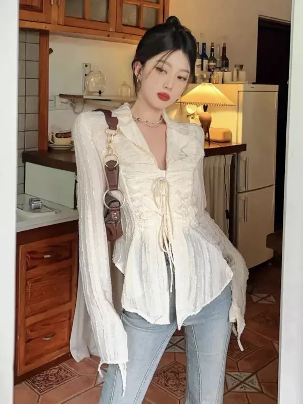 Deeptown Fairycore blus berenda Wanita lengan panjang baru kerah lipat kemeja Wanita Atasan crop Mode Korea Chic