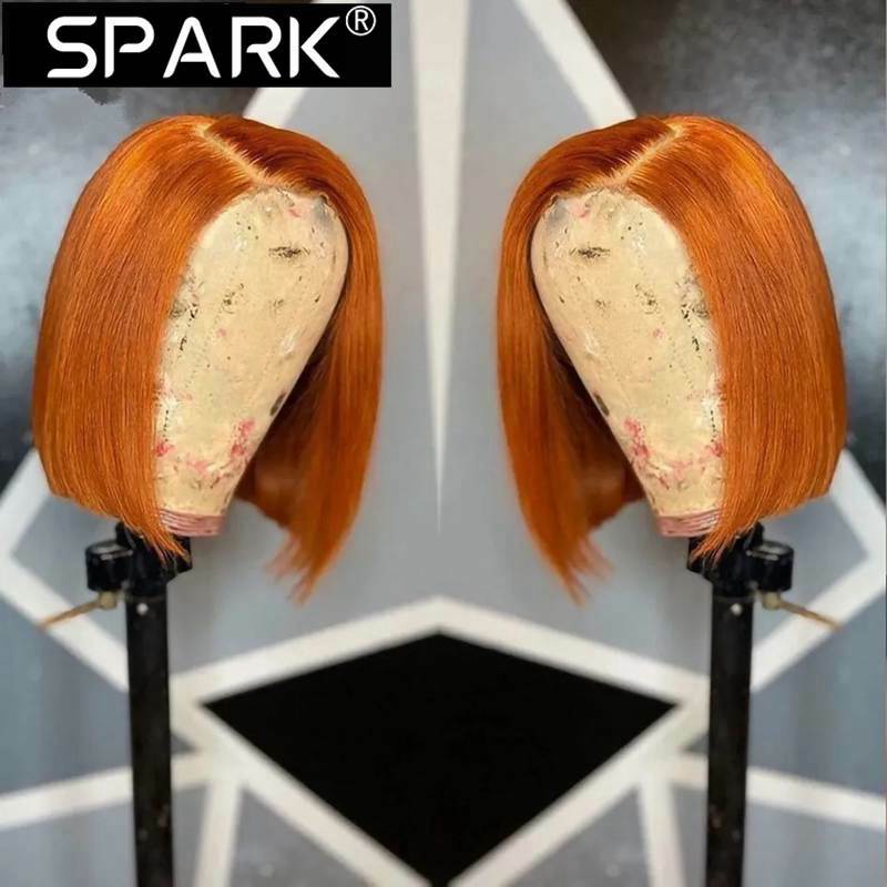 SPARK 350 Ginger Orange Short Straight Bob Wig Remy Hair Brazilian 100% Human Hair 13x4 Lace Frontal Short Bob Wig 180% Density