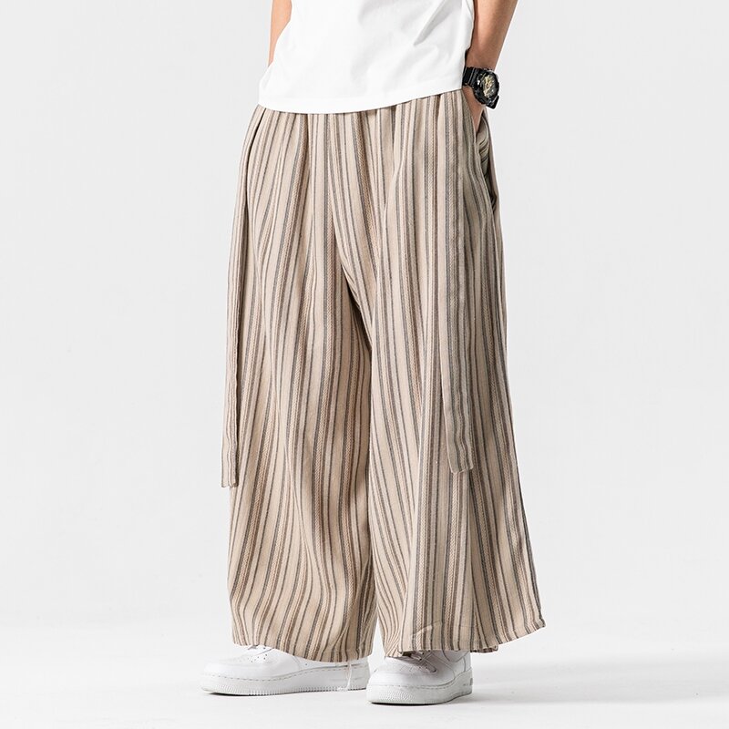 Harajuku-Pantalones rectos de pierna ancha para hombre, ropa de calle Vintage, harén de lino y algodón, holgados, de gran tamaño, novedad