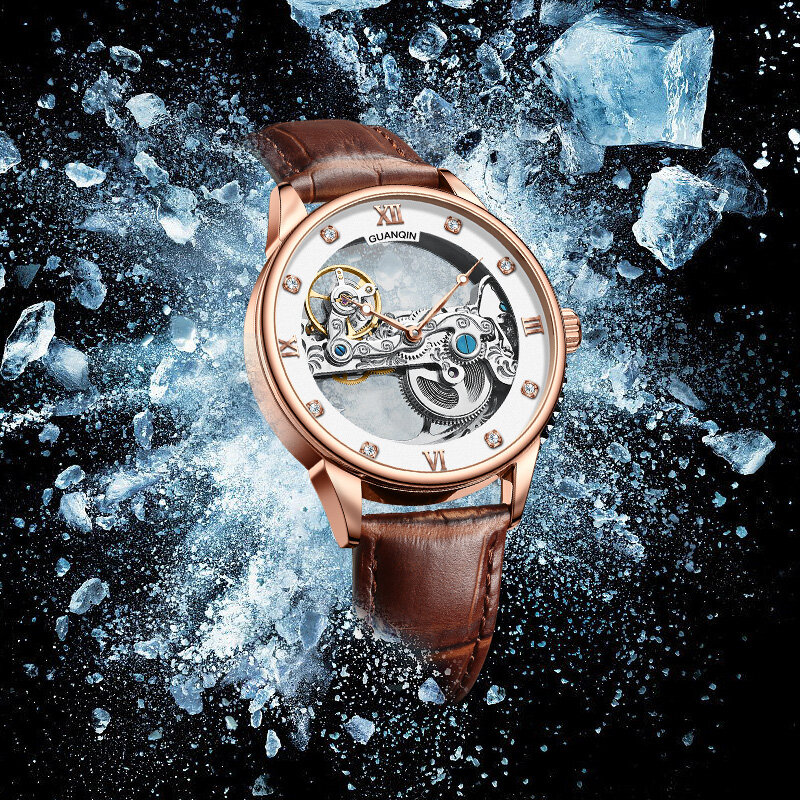 GUANQIN-Relógio Mecânico de Luxo Masculino, Marca, Aço Shell, Esvaziada Dial, Aço Inoxidável, à prova d'água