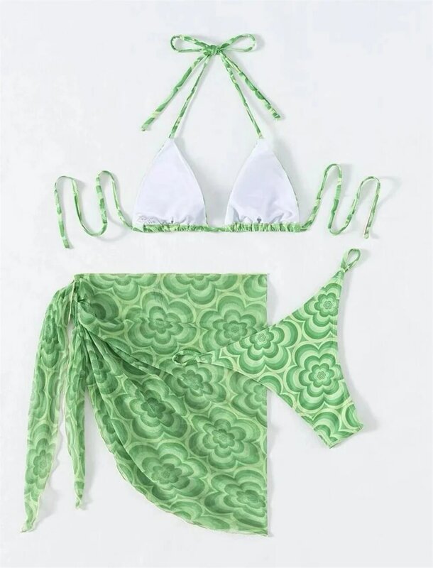 ملابس السباحة المطبوعة من ثلاث قطع للنساء ، بيكيني مثير مع حزام ورباط ، بيكيني مع ثدي صغير