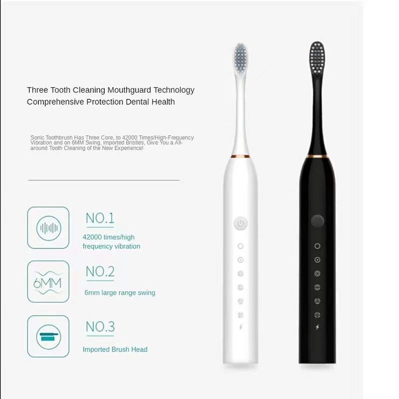 Escova de dentes elétrica com cabeça de substituição Escova de dentes dentada inteligente USB recarregável Dentes limpos Clareamento Sonic