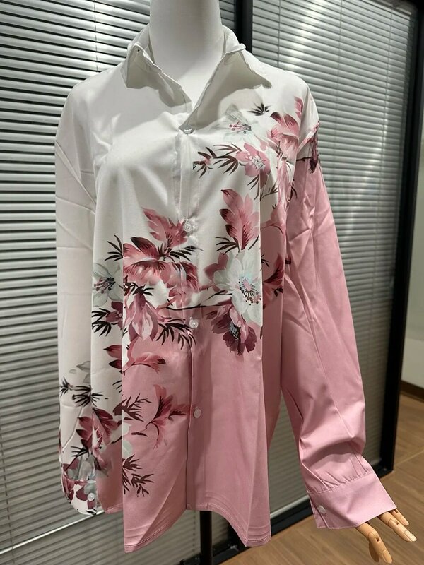 Camisas rosa soltas de manga comprida feminina, tops femininos glamorosos estampados, blusas casuais, nova moda, primavera e outono, 2024