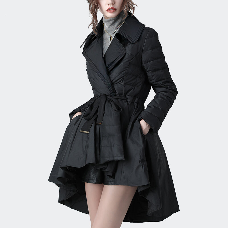 여성용 불규칙 다운 재킷, 따뜻한 화이트 덕 다운 코트, 긴 후드 다운 파카, 벨트 달린 숙녀 다운 코트, 가을 겨울 패션