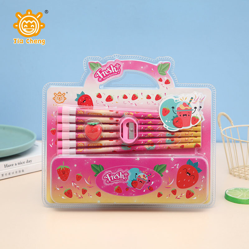 Set alat tulis pensil untuk anak-anak, Set alat tulis pensil kartun, dengan 1 kotak pensil, 6 pensil, 1 karet dan 1 pegangan pensil