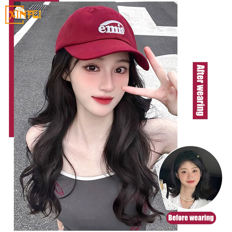 Synthetic Big Wave Wig Hat One-piece Female Fluffy Natural Fashion Wine Red Adjustable Baseball Cap New Long Curly Full Top Wig