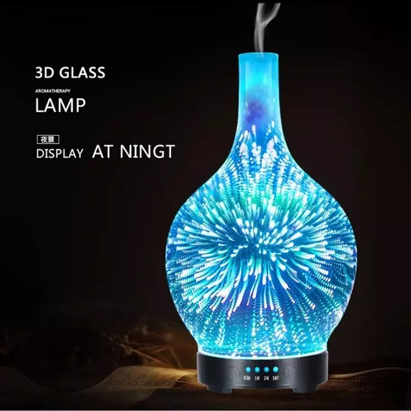 3D fajerwerki nawilżacz powietrza szkło aromatyczne maszyny ultradźwiękowe dyfuzor zapachowy 4 rozrządu 7 światła LED 100ml do domu