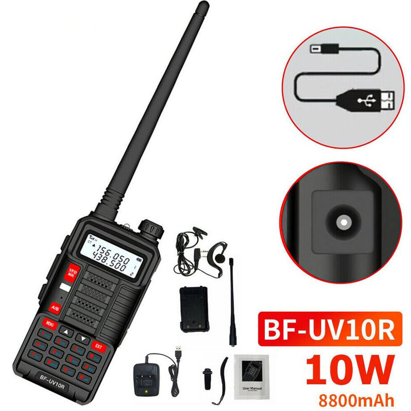 Baofeng-Walkie Talkie portátil de banda dupla, UV 10R, 10W, VHF, UHF, ao ar livre, caça, rádio de radioradioamneto bidirecional, FM, BF-UV10R, carregador USB, contato