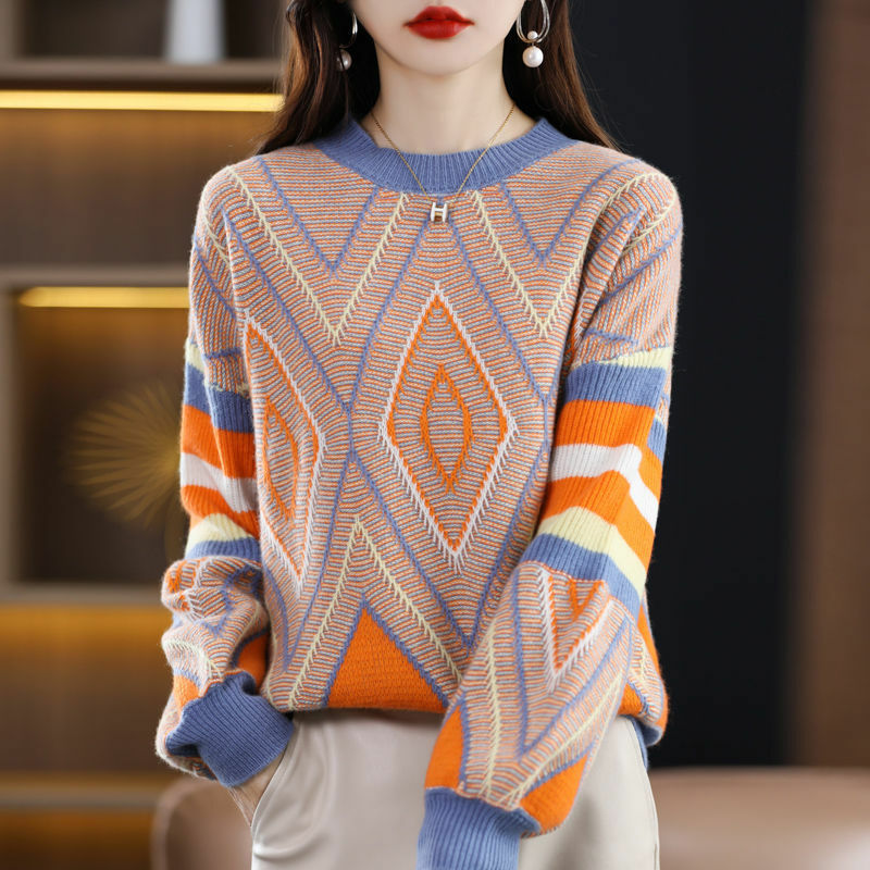 Suéteres geométricos gruesos de moda para mujer, suéteres de cuello redondo de manga larga que combinan con todo, Otoño e Invierno