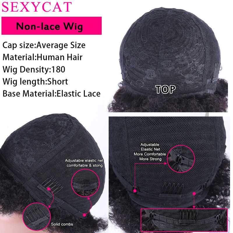 SexyCat-Perruque courte bouclée Pixie Cut pour femmes noires, cheveux humains, devant en dentelle cerise, document naturel, 6 po