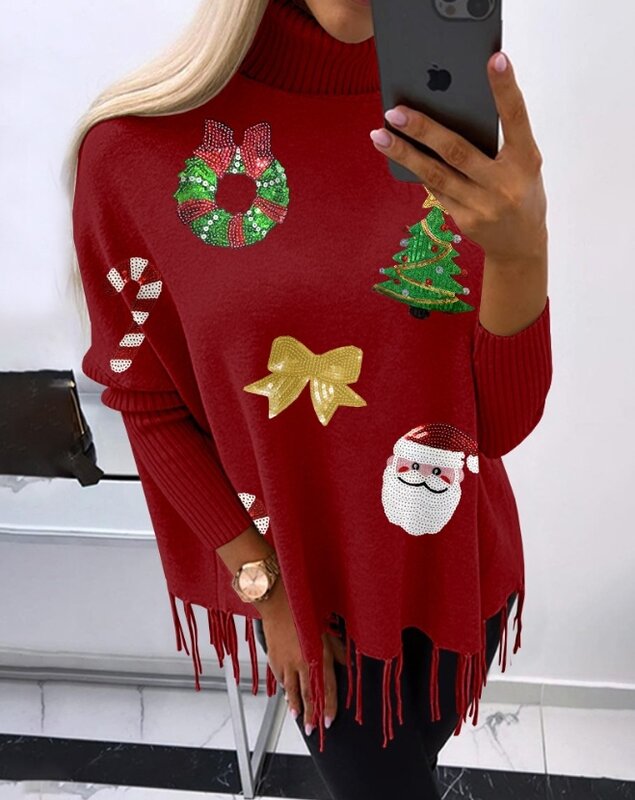 캐쥬얼 크리스마스 산타 클로스 화환 패턴 대비 스팽글 스웨터 티셔츠, 풀오버 상의, 2023 가을 겨울 용수철, 새로운 패션