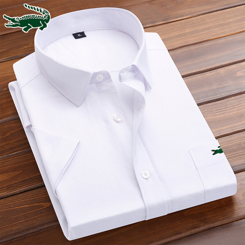 남성용 브랜드 옥스포드 셔츠, 반팔 면 캐주얼 원피스 셔츠, 단색 격자 무늬 가슴 포켓 정사이즈 핏, 남성 소셜 셔츠