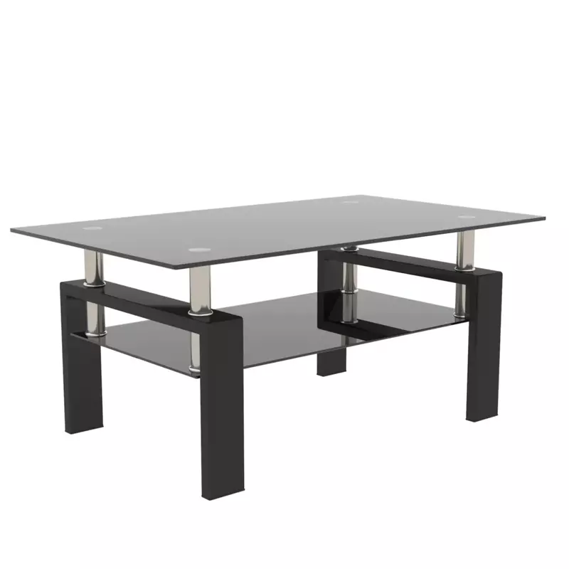 Persegi panjang kaca Tempered/kayu meja kopi logam tabung kaki 2 lapisan sisi akhir meja Pusat meja Set perabotan ruang tamu