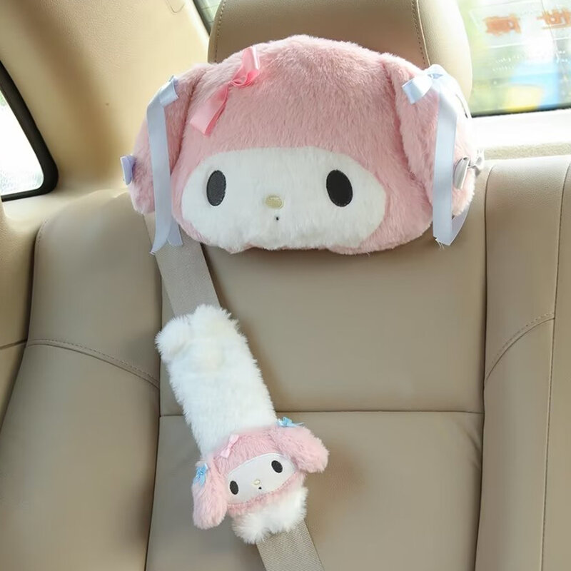 Sanrio-Funda de cinturón de seguridad con reposacabezas para asiento de coche, suave y cómodo cojín trasero, manta de almohada Kawaii, regalos de Navidad para niña