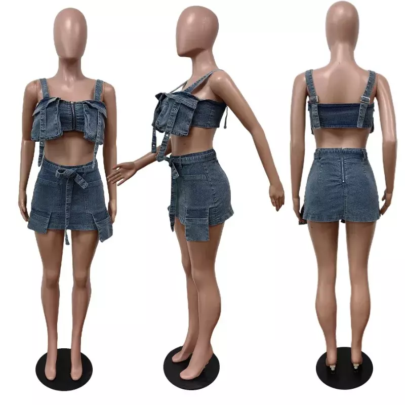 Denim Two Piece Set Spicy Girl Y2k 2023 Autumn Sexy 3D Pocket Zipper Camis Bra Crop Top Mini Skirt Party Club Streetwear