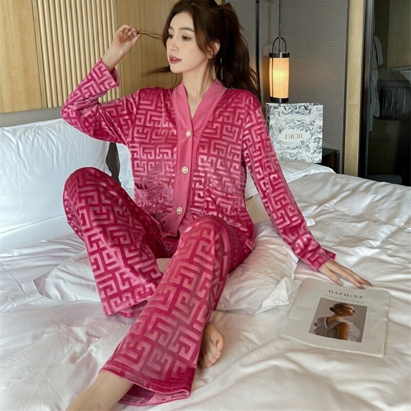 2023 New V Neck Nightwear  Women Pajamas Set Velvet Luxury Pressed Stripes Pattern Sleepwear Casual Thin Homewear Long Sleeve