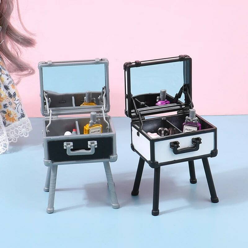 Mini caja de maquillaje para decoración del hogar, caja organizadora de almacenamiento de joyas, modelo de espejo de maquillaje, Cosméticos portátiles, casa de muñecas 1:12