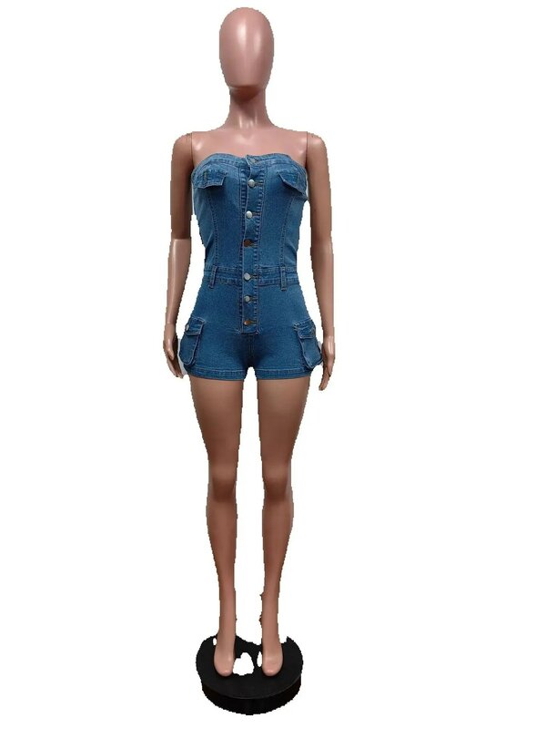 Seksi Denim musim panas Jumpsuits Streetwear 2024 wanita Bodysuit Playsuit elegan Bodycon satu bagian saku kargo Romper Jumpsuit