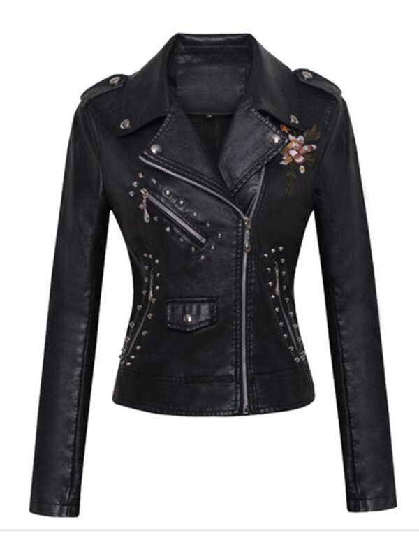 여성용 패치워크 가죽 재킷, 꽃 자수 리벳, 짧은 섹션 Pu 가죽 작은 재킷, 캐주얼 오토바이 코트