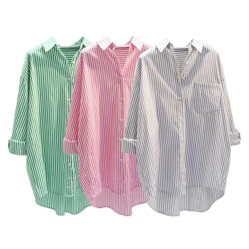 Женская рубашка, удобная женская рубашка, стильная женская рубашка в полоску с цветными застежками, с накладным карманом, однобортная уличная одежда
