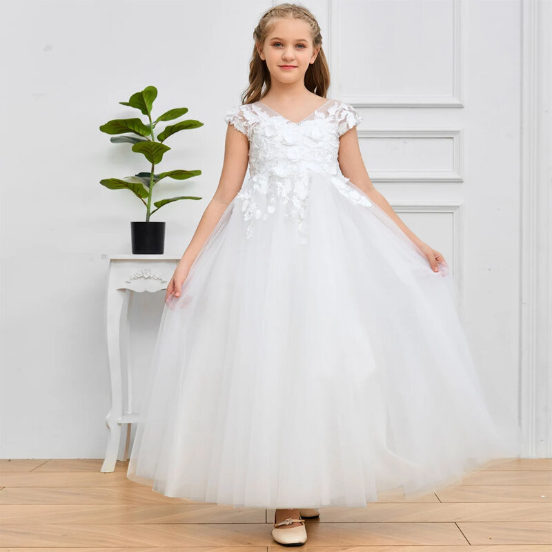 O-neck Floral Applique Flower Girl Dress Tulle Lace Wedding Birthday Party Dress for Kids A-line Princess First Communion Gown