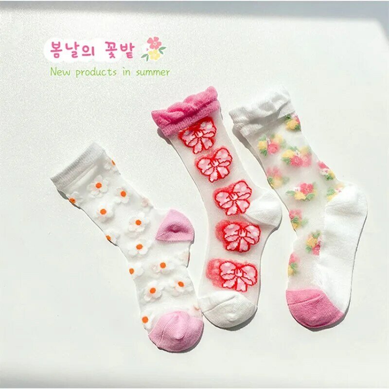 Girls Summer Socks Mesh with Cotton Transparent Socks Baby Cute Flowers Crew Sock 3 Pairs