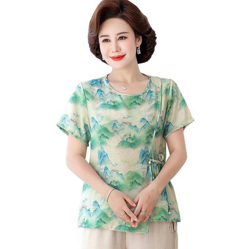 Blusa casual solta com estampa floral feminina, blusa elegante de manga curta, gola redonda, doce, verão, nova