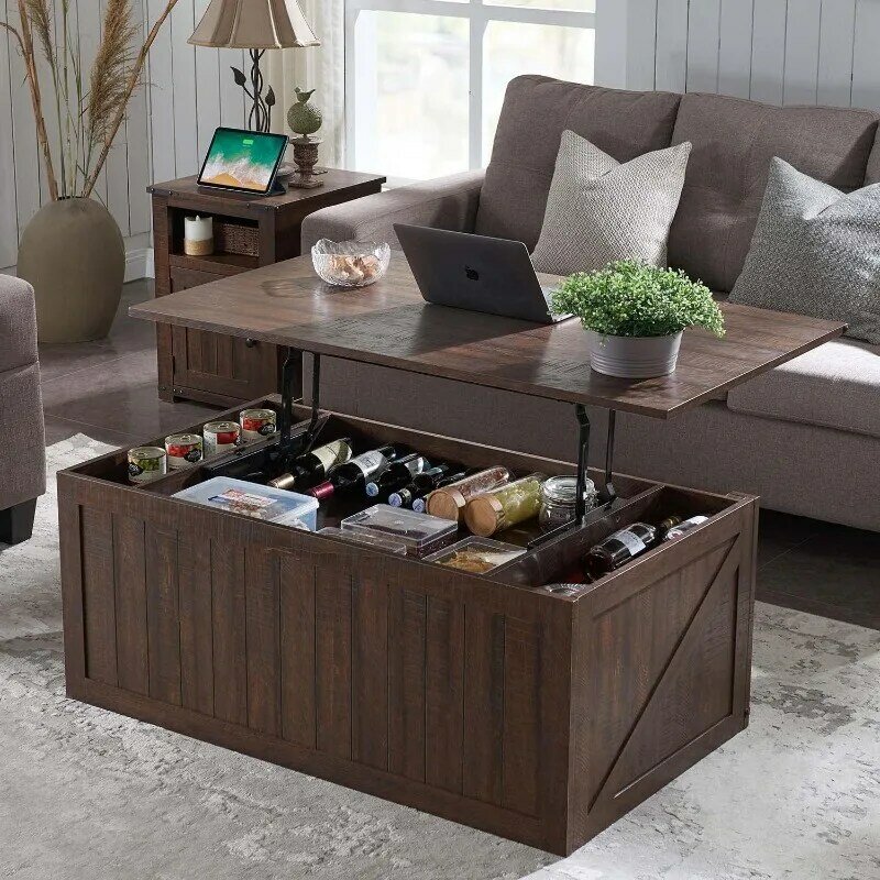 収納とスライド溝付きのコーヒーテーブルを持ち上げる,木製のカクテルテーブル,リビングルーム用のダブル収納スペース,48インチ