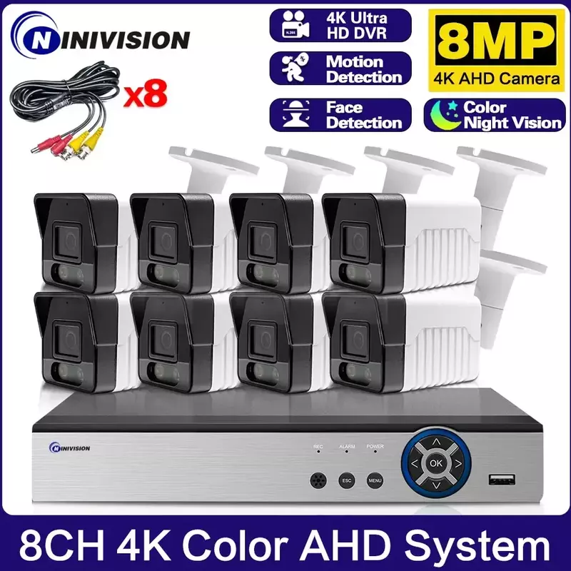Sistema de cámaras de seguridad para exteriores, de 8 canales Kit de videovigilancia, DVR, 4K, visión nocturna a todo Color, AHD, CCTV, impermeable, 8MP
