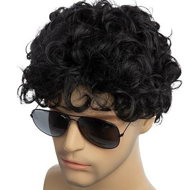Men Short Curly Wig With Bangs Fluffy High Temperature Fiber Male Wig Wavy Black Synthetic Hair For Men