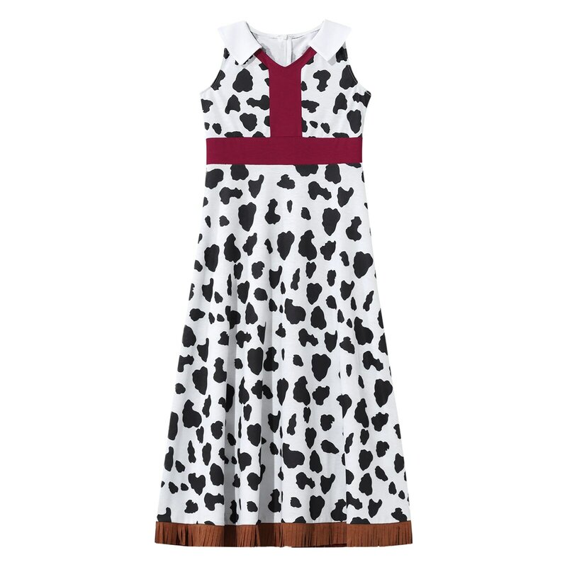 Kids Halloween Costume V Neck Sleeveless Cow Print Fringe Tassels Dresses for Girls Cowgirl Dress Up Performance Party Clothes